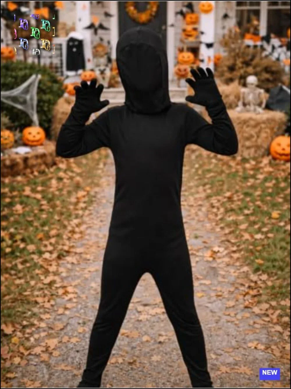 Kids Black Full Body Suit Costume Faceless Bodysuit Halloween Party